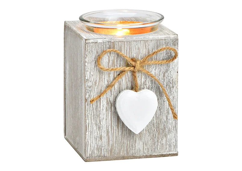 Whitewash Wood Tealight Holder with Ceramic Heart