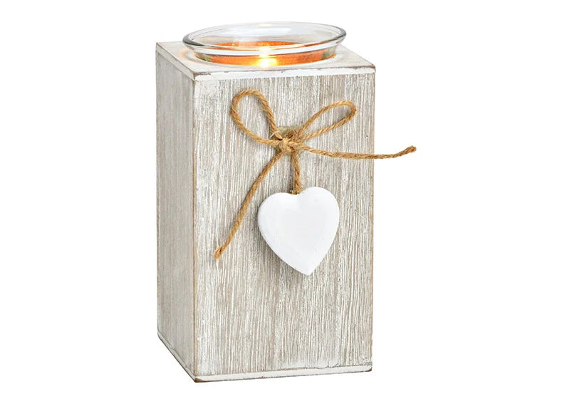 Whitewash Wood Tealight Holder with Ceramic Heart