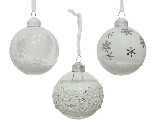 Glass Christmas Tree Hanging Decoration - White Snow Bauble **CLICK & COLLECT ONLY**