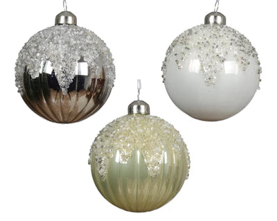 Glass Bauble Decoration  -  Winter White/Sage Green/Silver **CLICK & COLLECT ONLY**