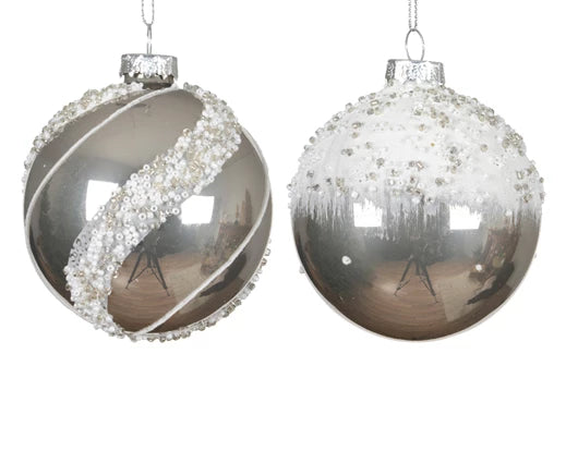 Glass Christmas Tree Hanging Decoration - Silver Beaded Bauble **CLICK & COLLECT ONLY**