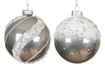 Glass Christmas Tree Hanging Decoration - Silver Beaded Bauble **CLICK & COLLECT ONLY**