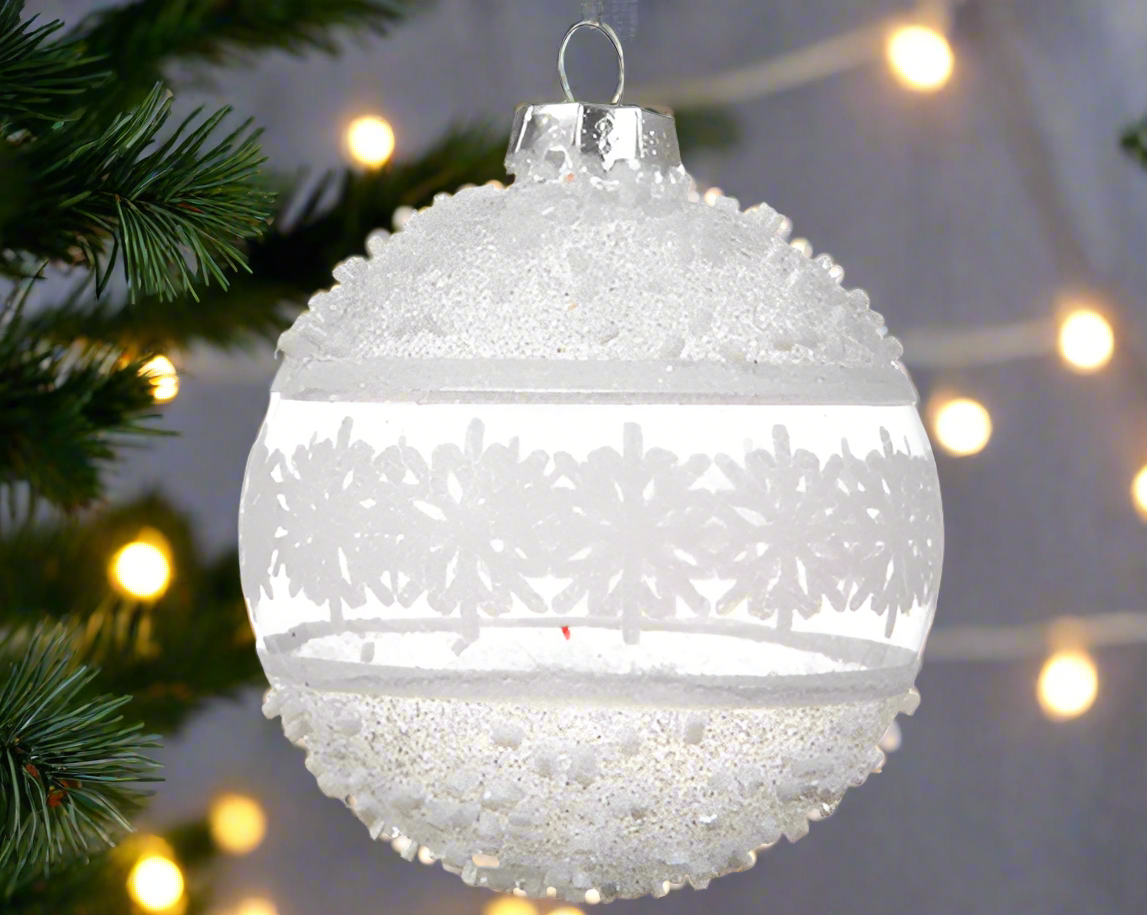 Christmas Tree Decoration – Clear Glass Bauble with Matt Snowflake & Beads Design **CLICK & COLLECT ONLY**