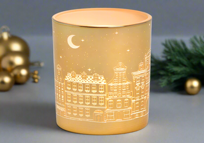 Christmas Glass Tealight Holder - Gold Village Scene