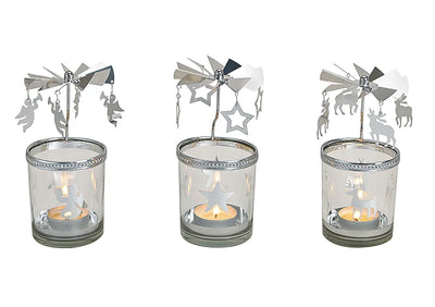 Christmas Glass Tealight Holder - Carousel Spinner 3 assorted