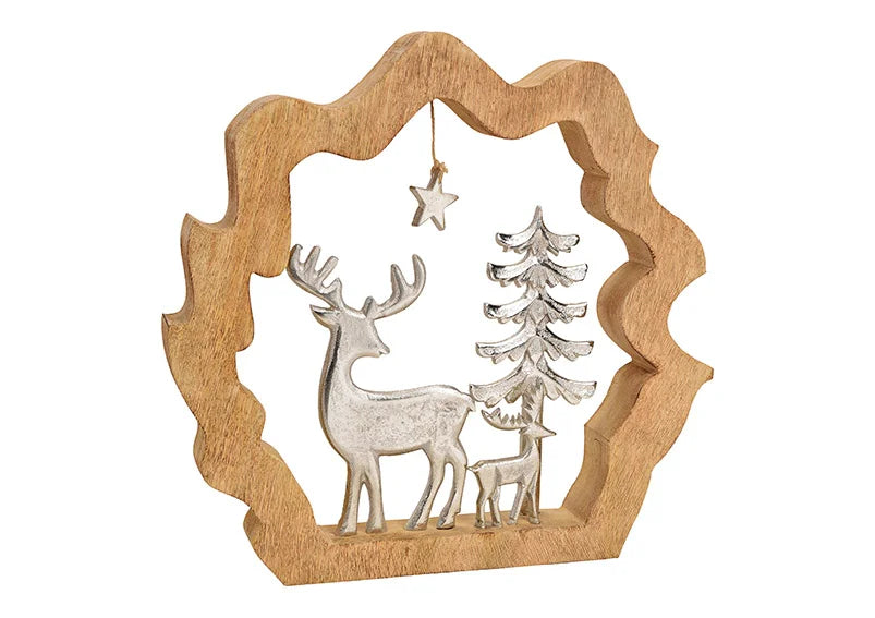 Large Mango Wood Scene with Silver Reindeers