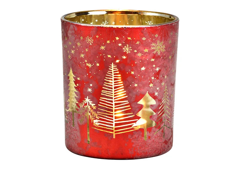 Christmas Glass Tealight Holder - Red Christmas Tree Scene