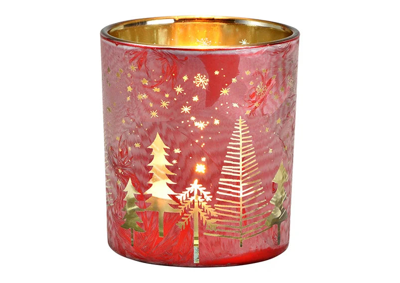 Christmas Glass Tealight Holder - Red Christmas Tree Scene