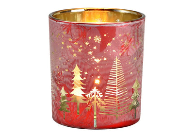 Christmas Glass Tealight Holder - Red Christmas Tree Scene