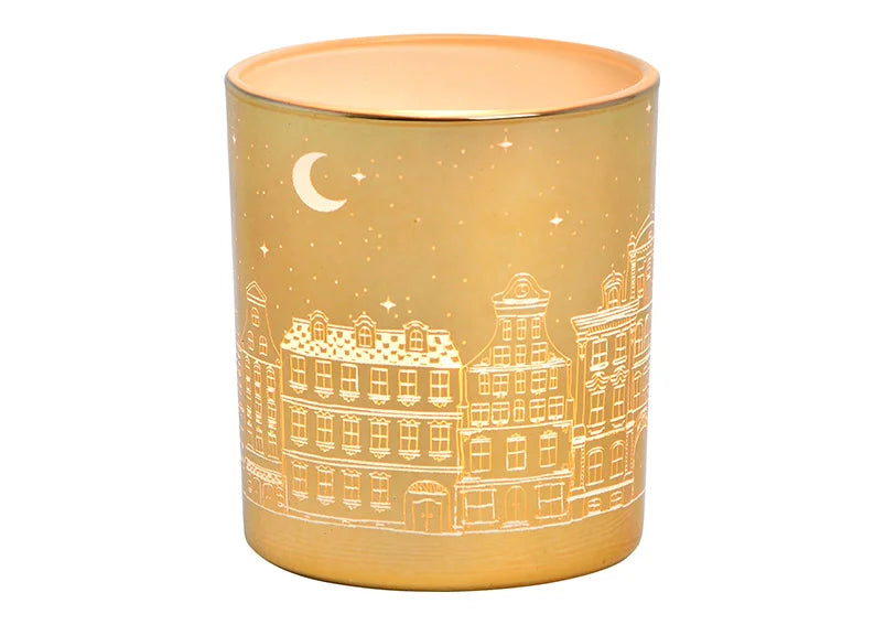 Christmas Glass Tealight Holder - Gold Village Scene