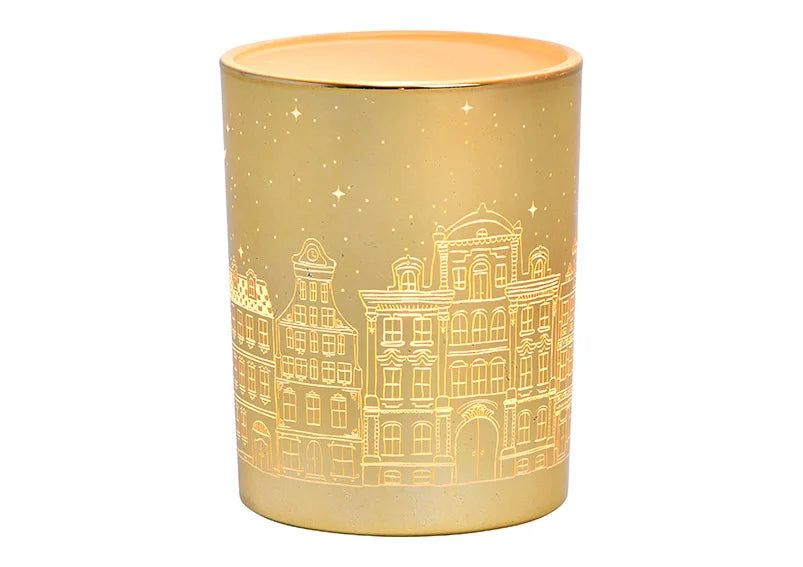 Christmas Glass Tealight Holder - Gold Village Scene