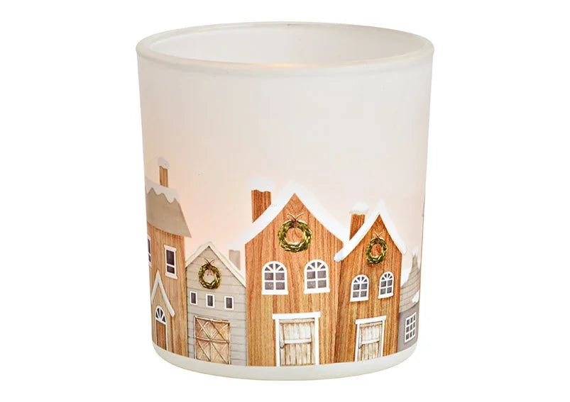 Christmas Glass Tealight Holder - Village Scene