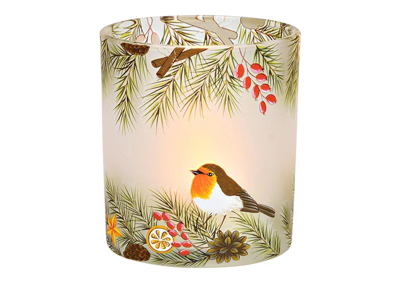 Christmas Glass Tealight Holder - Robin