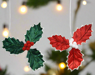 Christmas Floristry Pick - Red/Green Velvet Holly