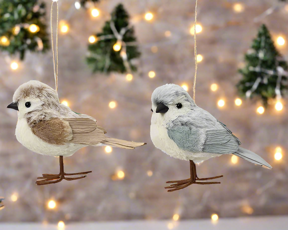 Christmas Bird with Feathers Decoration - Brown/Blue