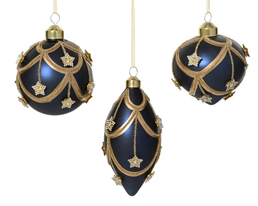 Glass Christmas Tree Hanging Decoration - Navy Art Deco Bauble **CLICK & COLLECT ONLY**
