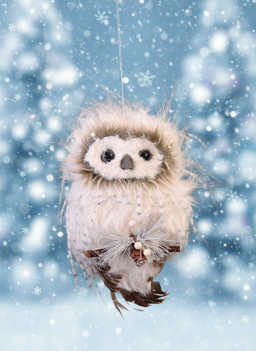 Christmas Tree Hanging Decoration - White Fluffy Woodland Owl