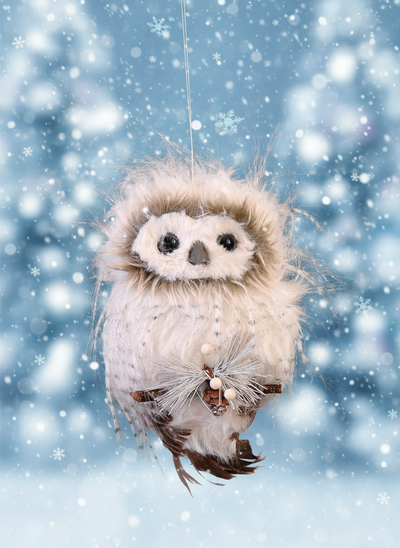 Christmas Tree Hanging Decoration - White Fluffy Woodland Owl