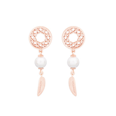 Tipperary Crystal Earrings - Feather Collection - Feather & Pearl Boho Rose Gold