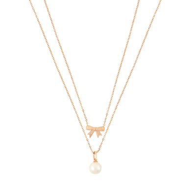 Tipperary Crystal Pendant - Bow Collection - Bow & Pearl Double Necklace Gold