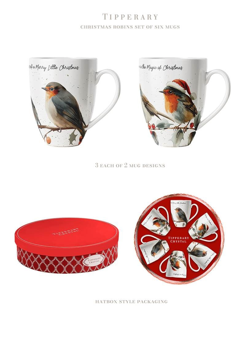 Tipperary Crystal Christmas Robins Mug - Set of 6