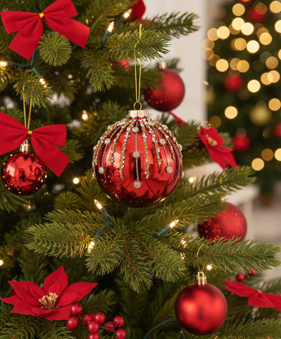 Glass Christmas Tree Hanging Decoration - Red Vintage Bauble **Click & Collect Only**