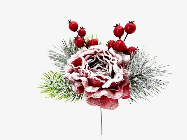 Christmas Floristry Pick - Red Snow Rose/ Peony