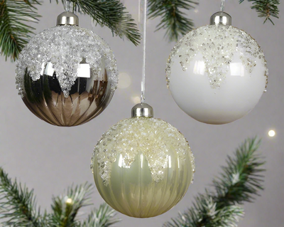 Glass Bauble Decoration  -  Winter White/Sage Green/Silver **CLICK & COLLECT ONLY**