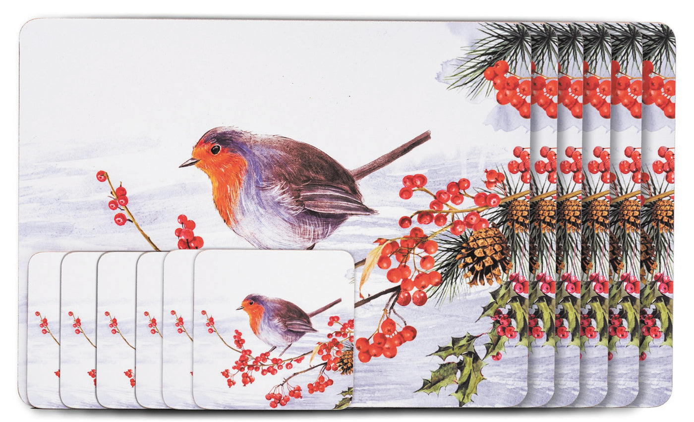 Newgrange Living Christmas 2024 Robin Placemat & Coaster Set - 6 Piece