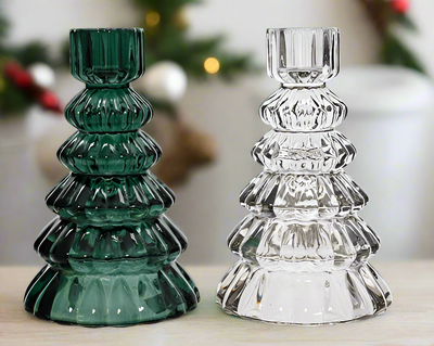 Glass Tree Candle Holder -  Green/Clear