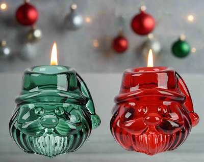 Christmas Tealight Holder - Red/Green Glass Santa Claus