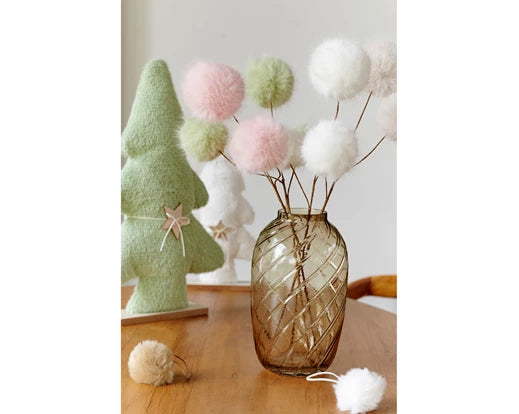 Christmas Floristry Stem - White/Pink/Sage Green Faux Fur Pom Pom