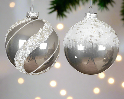 Glass Christmas Tree Hanging Decoration - Silver Beaded Bauble **CLICK & COLLECT ONLY**