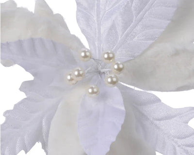 Winter White Velvet & Faux Fur Poinsettia on Clip Decoration