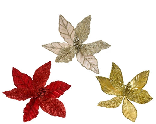 Glitter Velvet Poinsettia on Clip - Red/Gold/Champagne