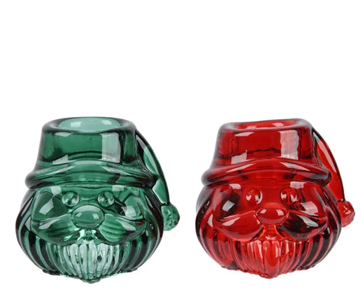 Christmas Tealight Holder - Red/Green Glass Santa Claus