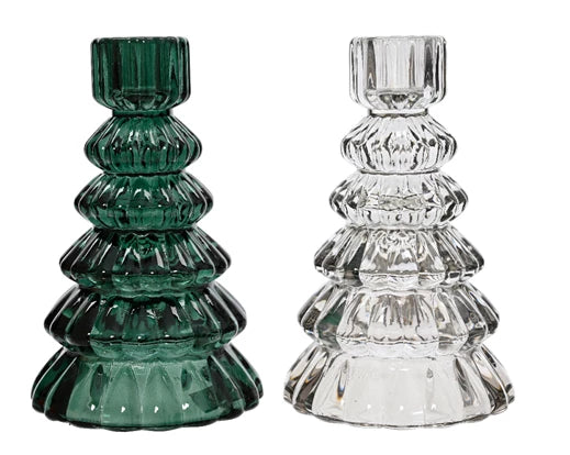 Glass Tree Candle Holder -  Green/Clear