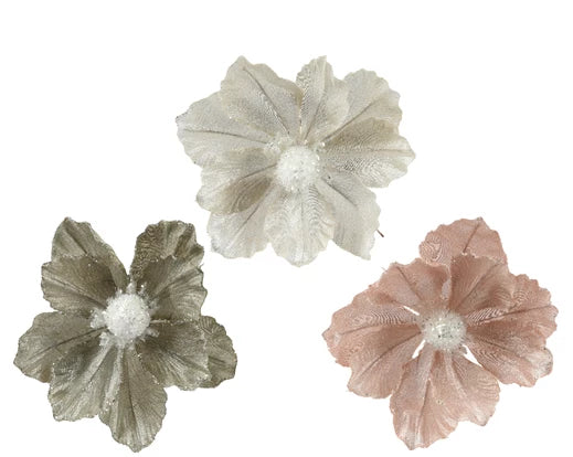 Glitter Magnolia Flower on Clip - Winter White/Sage Green/Blush Pink