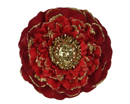 Christmas Floristry Pick - Red/Burgundy/Gold Zinna Glitter