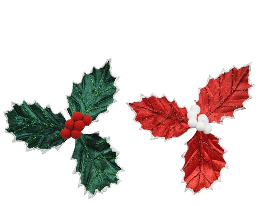 Christmas Floristry Pick - Red/Green Velvet Holly
