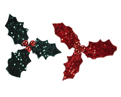 Christmas Floristry Pick - Red/Green Velvet Glitter Holly