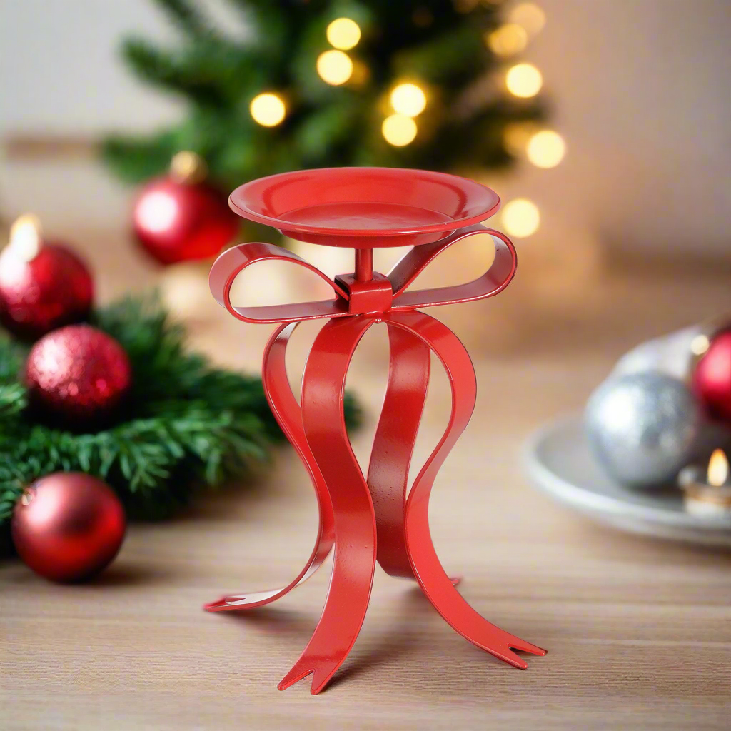 Christmas Candle Holder - Metal Red Bow