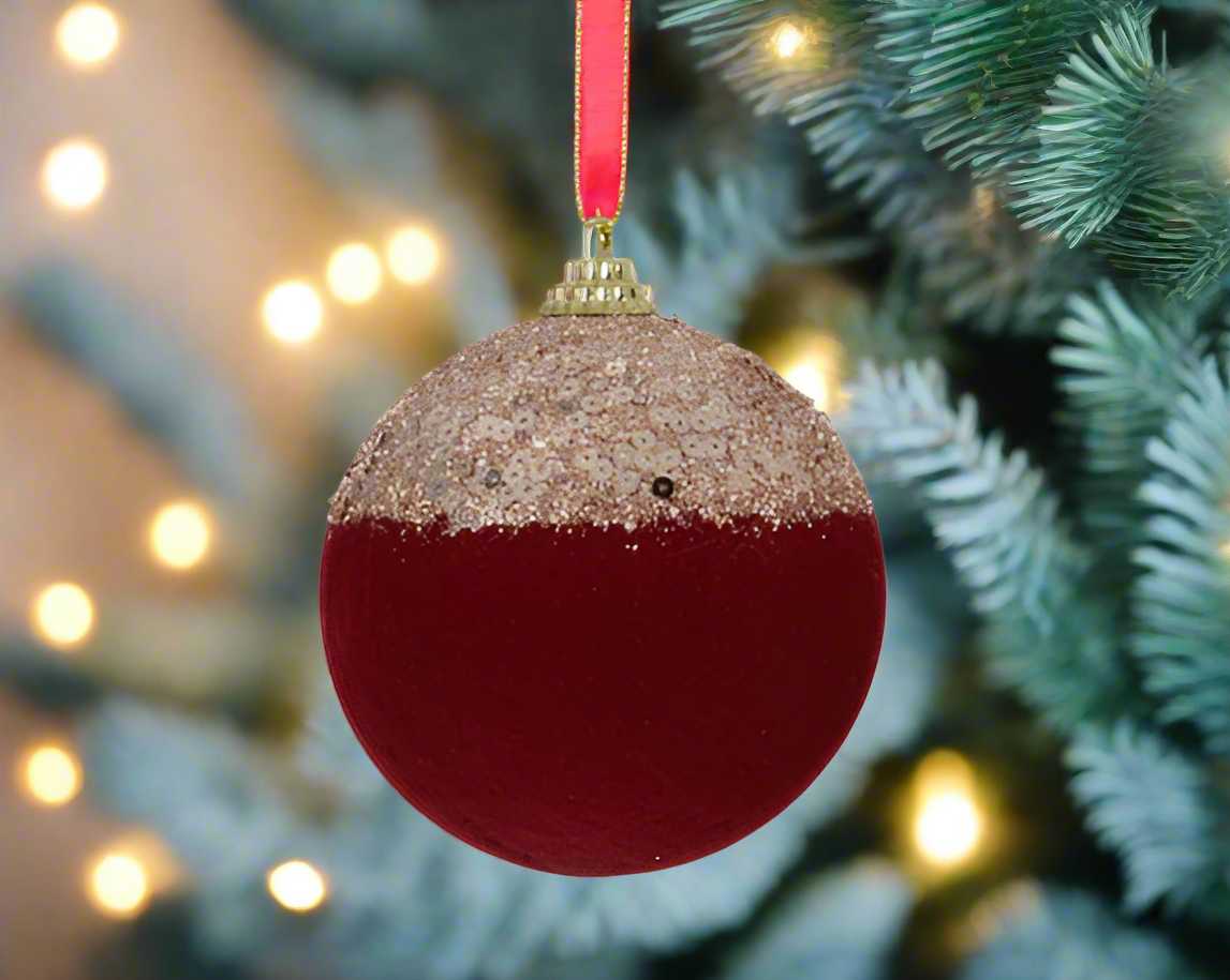 Christmas Tree Hanging Decoration - Burgandy Flocked Sequin Bauble