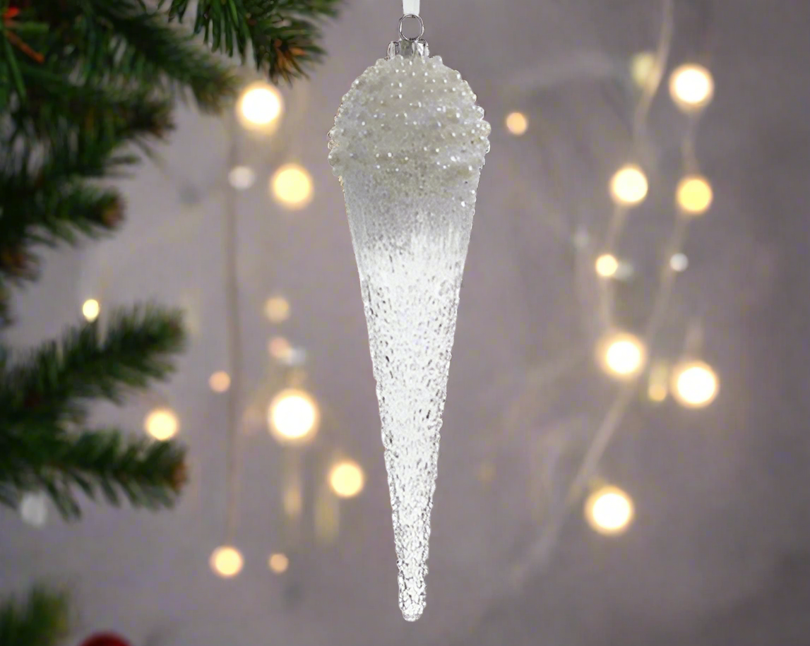 Christmas Tree Decoration – Clear Glass Icicle with Icy Pearls **CLICK & COLLECT ONLY**