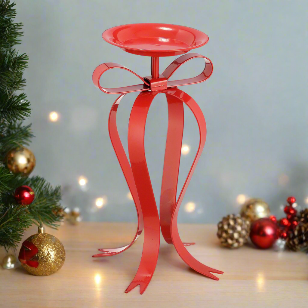 Christmas Candle Holder - Metal Red Bow
