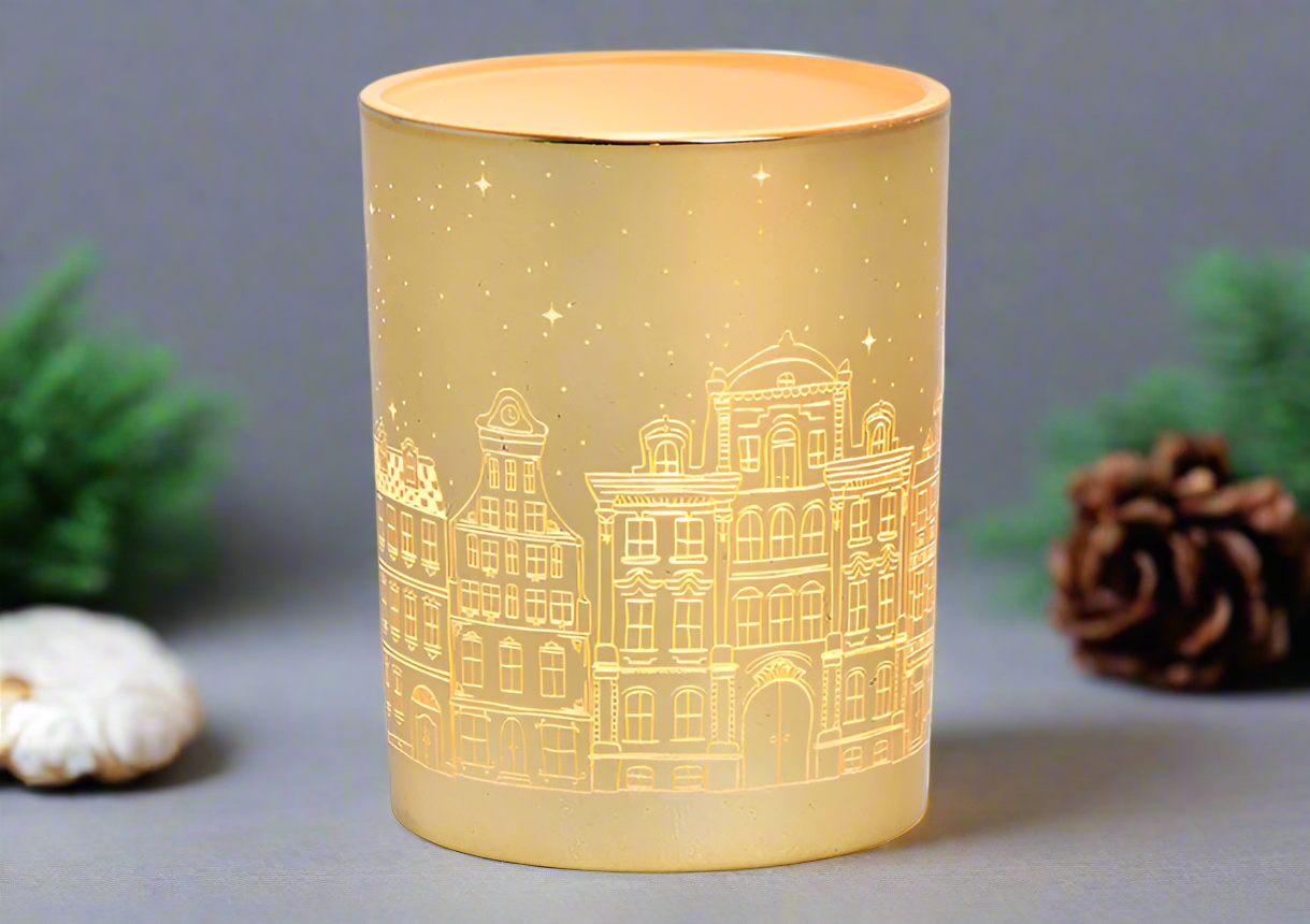 Christmas Glass Tealight Holder - Gold Village Scene