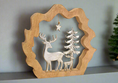 Large Mango Wood Scene with Silver Reindeers