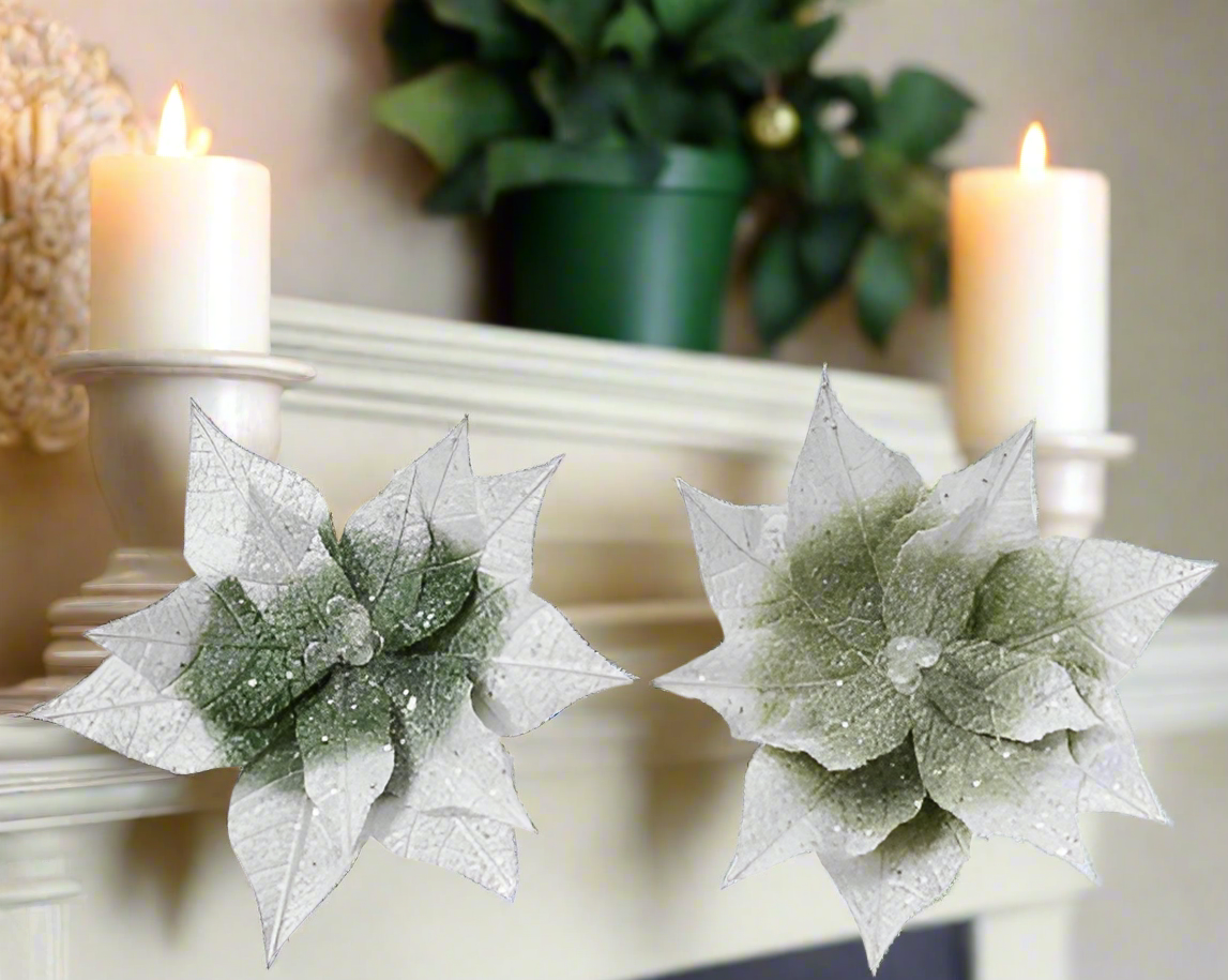 Sage Green & Winter White Poinsettia on Clip