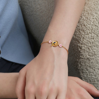 Newbridge Silverware Bracelet - Gold Plated Bird with Pink Flower
