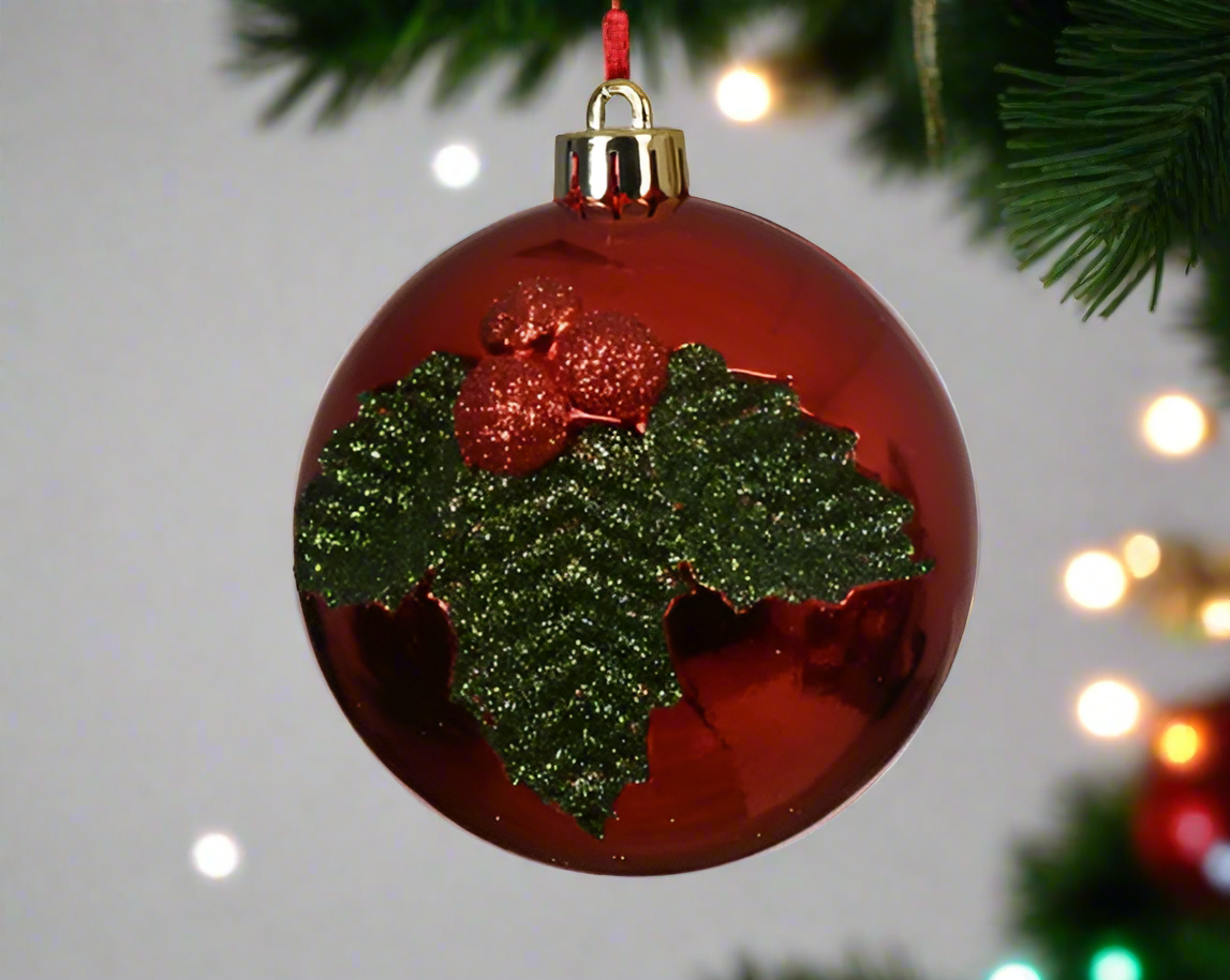 Christmas Tree Decoration –  Christmas Red Bauble with Holly Design